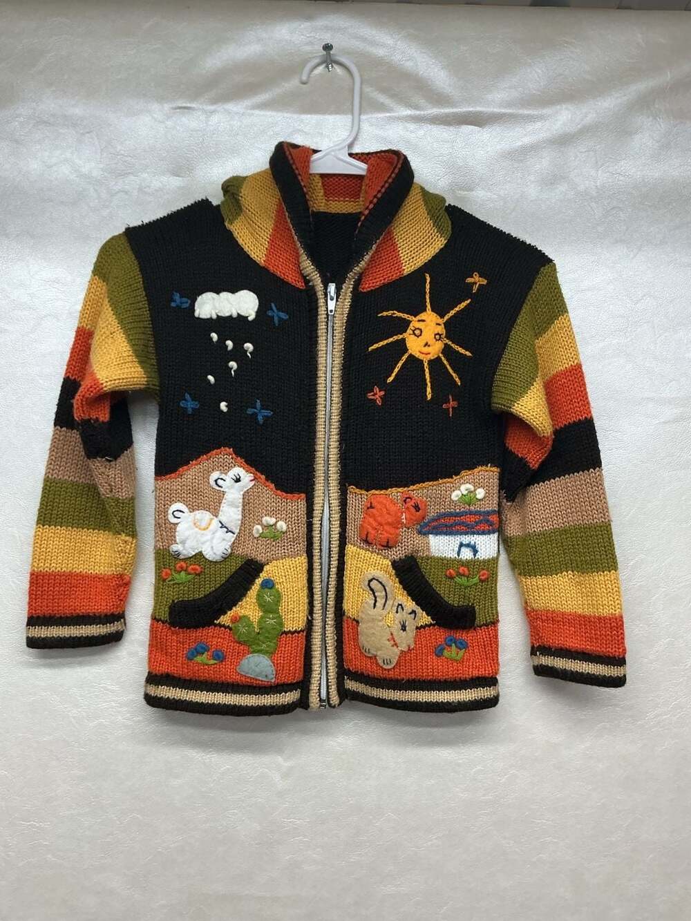 Peruvian Hand-Knit Zip-Up Children's Sweater with Felt Animal Applique